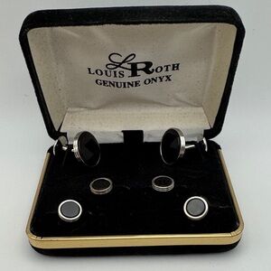 Vintage LOUIS ROTH Genuine Onyx Black Cuff Links + 4 Button Set